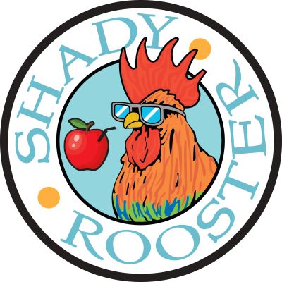 Shady Rooster Craft Cidery logo featuring a colorful rooster wearing sunglasses and holding an apple, representing the bold ciders offered at Cherry Crest Farm.